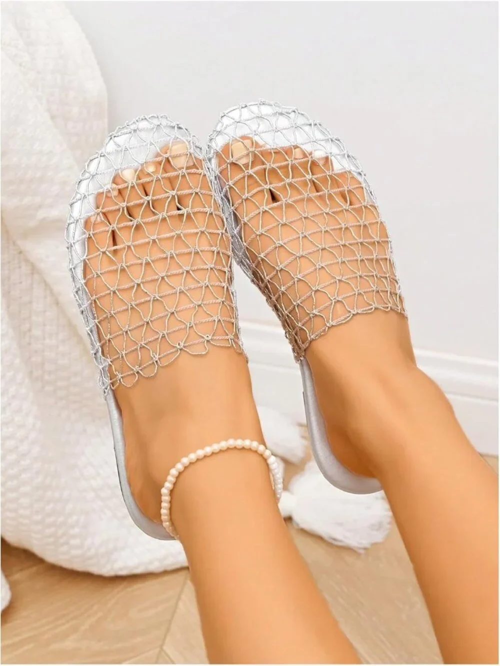 Women's Silver Summer Fishnet Mesh Through Hollow Out Slip On Slides Flat Sandal